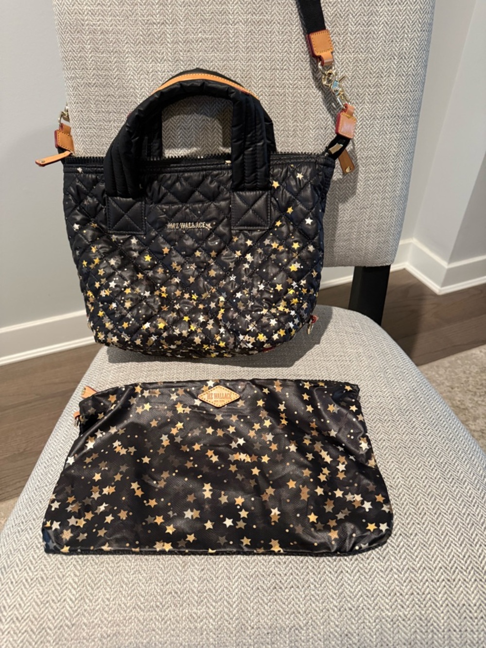 MZ Wallace Black Quilted Crossbody Tote with Gold Star Print
